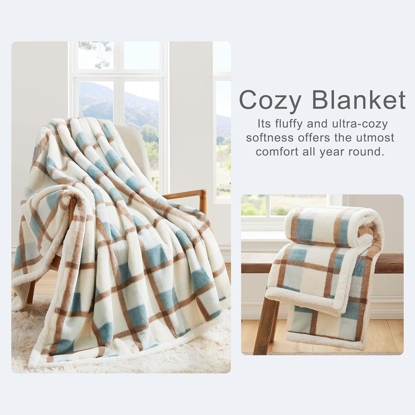 PU MEI Super Soft Faux Rabbit Fur Sherpa Fleece Throw Blanket, Reversible Luxury Cozy Cute Furry Blanket, Plush Warm Shaggy Fluffy Checkered Blankets for Sofa Couch Bed (Green-Plaid, 60" x 80")