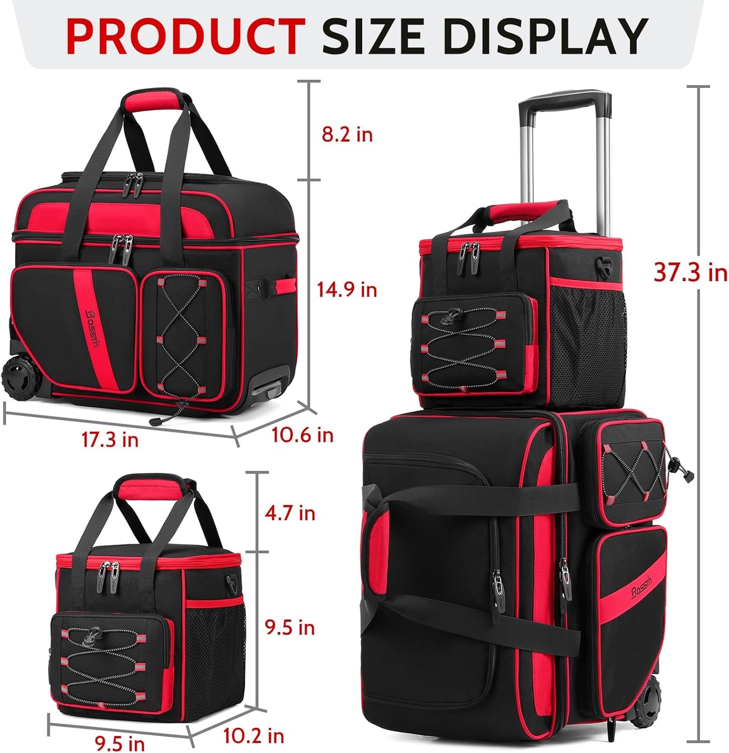 3 Ball Bowling Bag with Wheels, 2 Ball Bowling Bags Double roller with 1 Ball Add On Bag, Multi-Pockets & Shoe Compartment (Fits Up to Size 15)