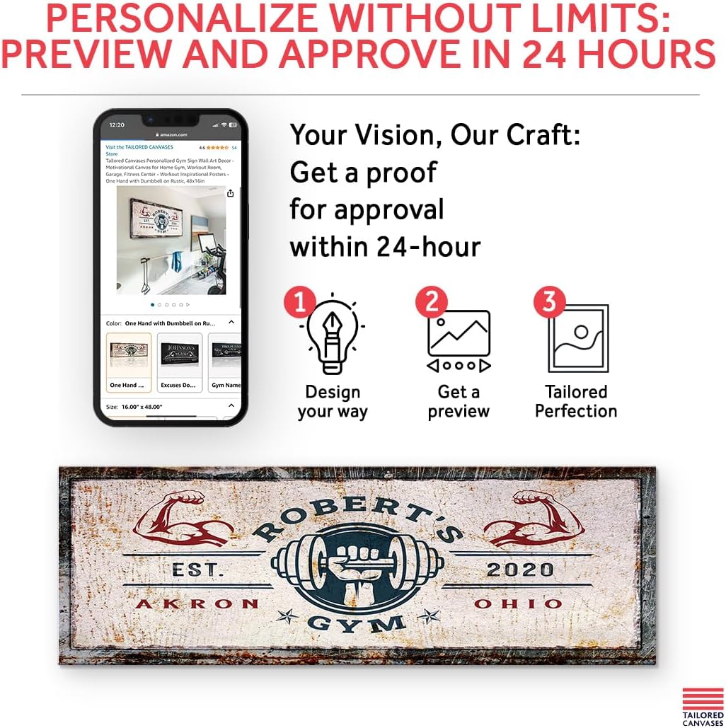 Tailored Canvases Personalized Gym Sign Wall Art Decor - Motivational Canvas for Home Gym, Workout Room, Garage, Fitness Center - Workout Inspirational Posters - One Hand with Dumbbell on Rustic, 36x12in