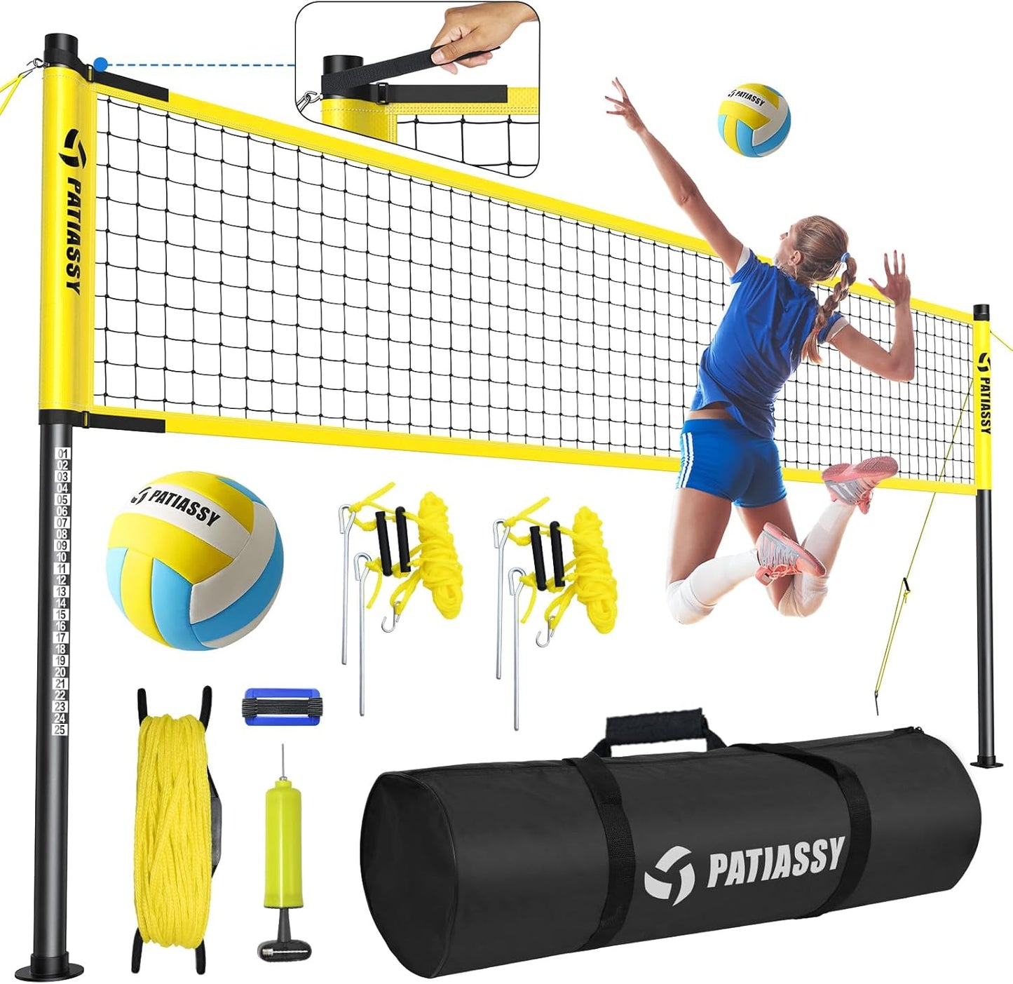 Outdoor Portable Volleyball Net Set System for Backyard - Quick & Easy Setup Adjustable Height Poles, PU Volleyball, Pump and Carrying Bag
