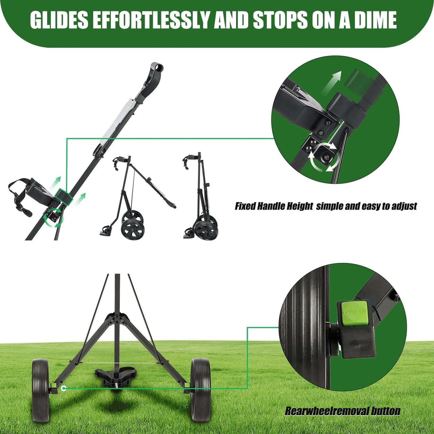 Golf Push Cart Series: 2-Wheel, 3-Wheel, 4-Wheel & 360° Swivel Front Wheel