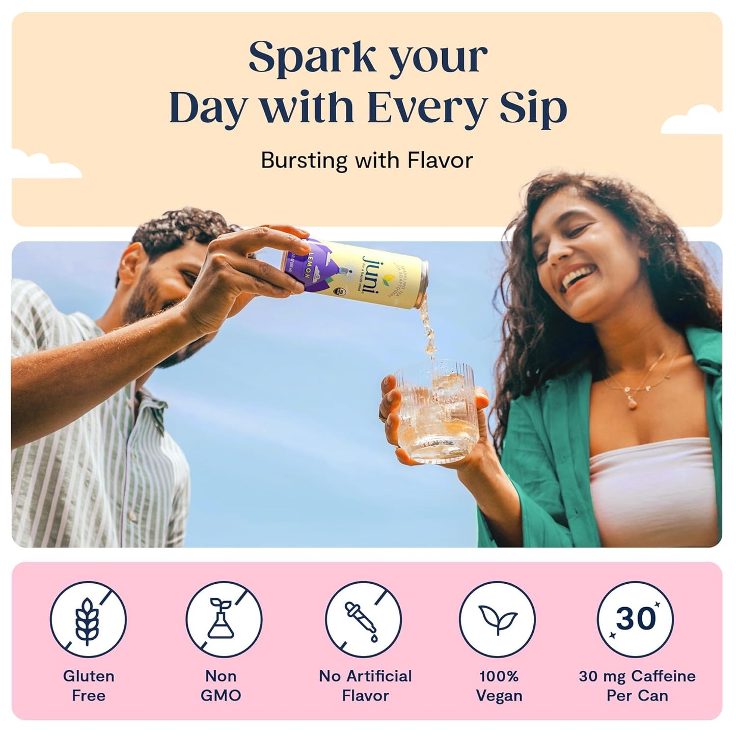 Juni Sparkling Adaptogen Drink with Ashwagandha, Lion’s Mane & Reishi Mushrooms | Green Tea for Focus, Zero Sugar, 5 Calories, Organic | Non Alcoholic Drinks - Tropical 12 pack