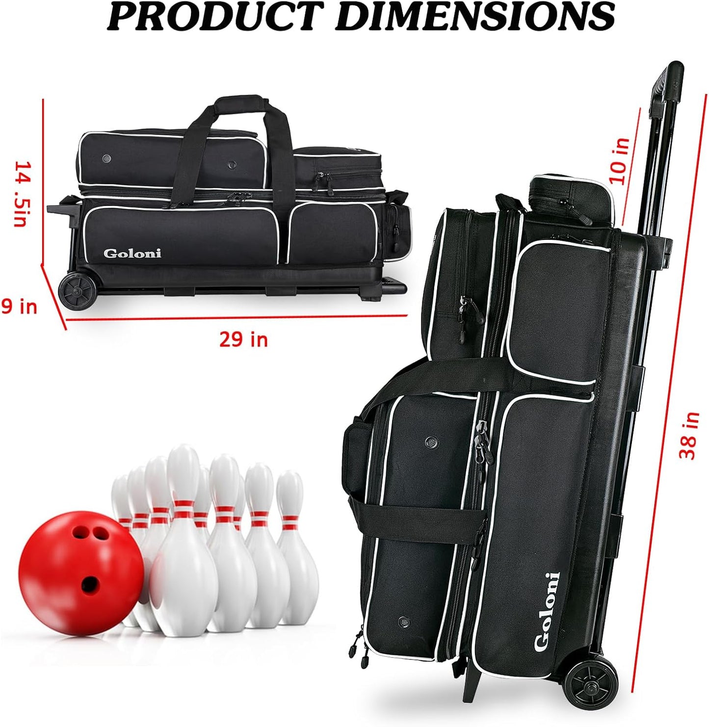Goloni 3 Ball Bowling Bags with Wheels - Rolling Bowling Bag for 3 Balls & Accessories - Retractable Handle Extends to 38