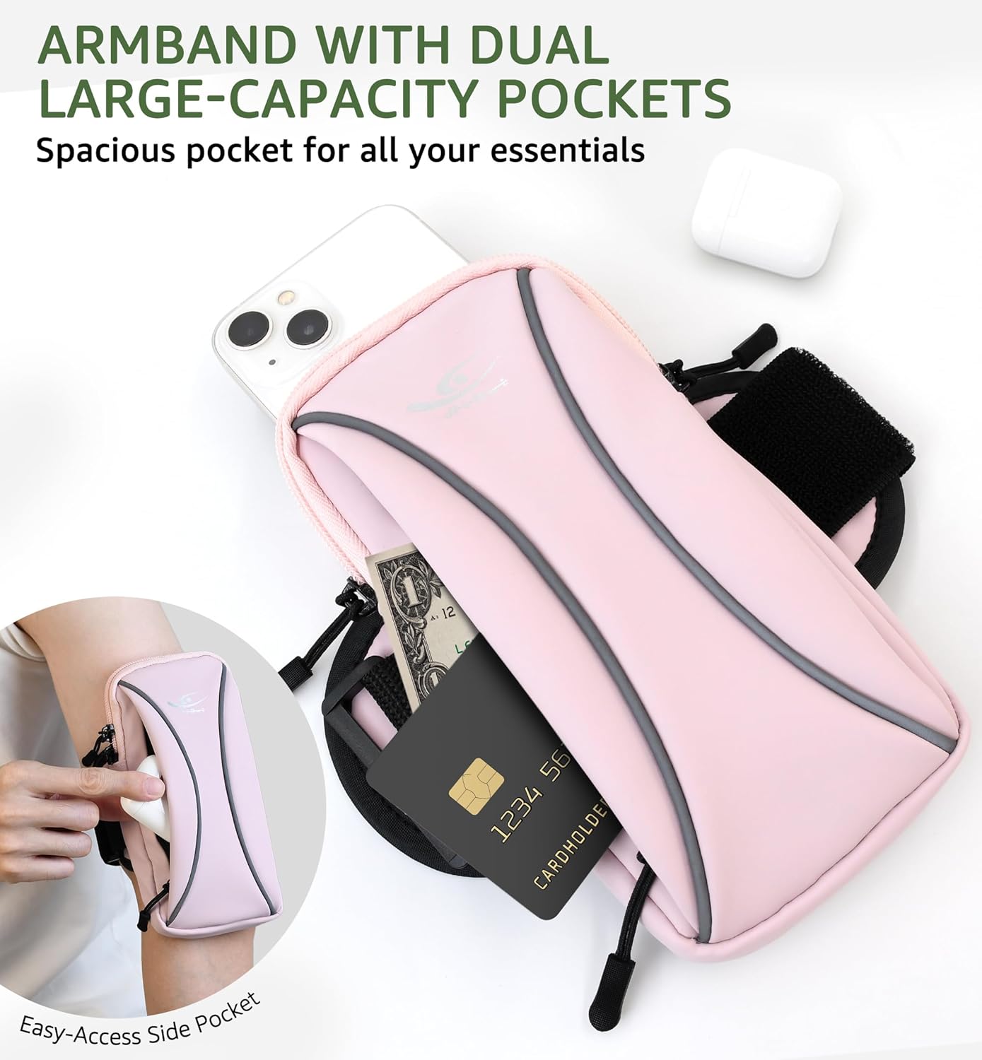 HiRui Arm Bag & Wrist Bag Phone Holder, Sports Running Armband for Gym, Cycling & Workout, Compatible with iPhone 16/15/14 Series, Samsung Galaxy & More, Reflective, Adjustable, Secure Fit (Pink)