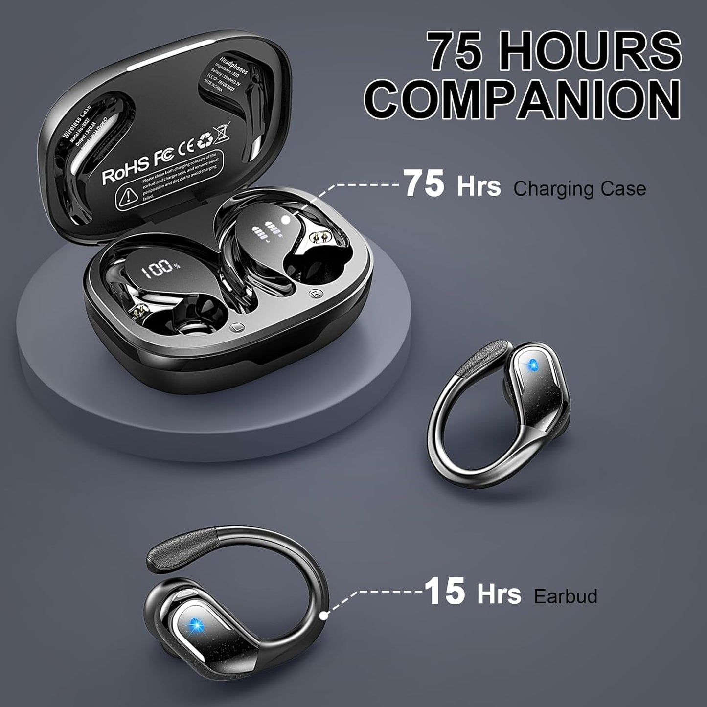 Wireless Earbuds, Sport Bluetooth 5.4 Headphones 2025 New Bluetooth Earbuds with 75Hrs Stereo, 4 ENC Mic, Noise Canceling Over-Ear Buds with Earhooks, IP7 Waterproof Earphones for Workout/Running/Gym