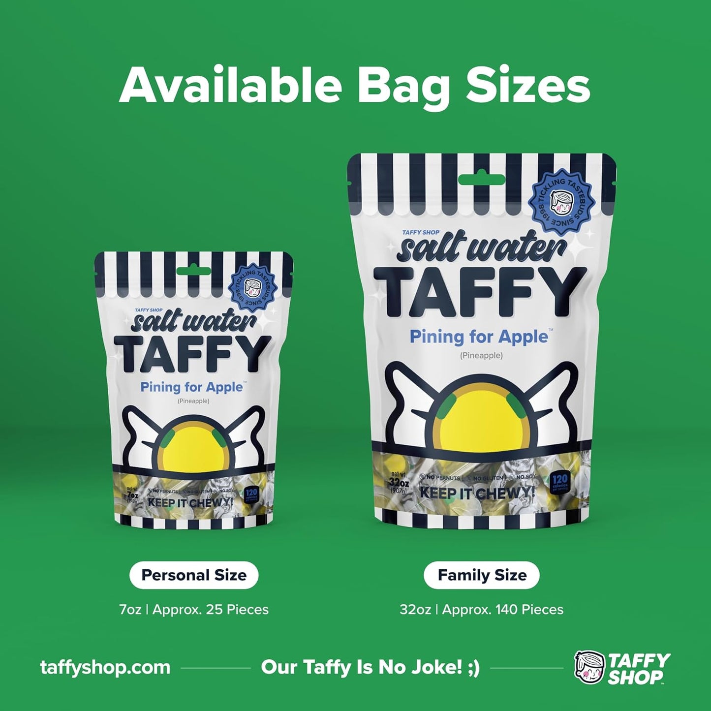 Taffy Shop Pining For Apple, Pineapple Salt Water Taffy – Gourmet Soft Chewy Candy, Bulk Sweet Snack, Fresh Gift & Gluten-Free, 35 Individually Wrapped Pieces (7oz)