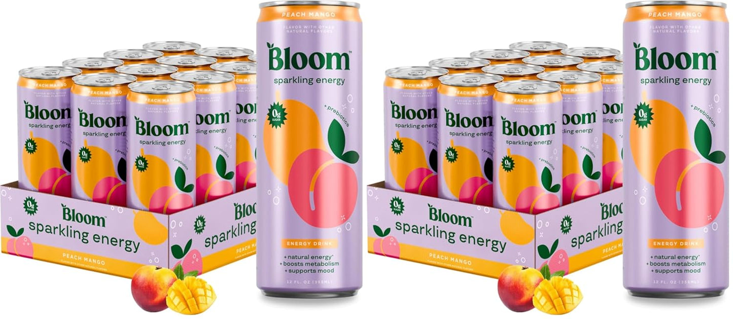 Bloom Nutrition Sparkling Energy Drink for Focus, Natural Caffeine, Zero Sugar, 180mg Caffeine, Antioxidant-Rich with Green Coffee Bean, Green Tea Extract, & Prebiotics, Peach Mango 12oz 24 Pack