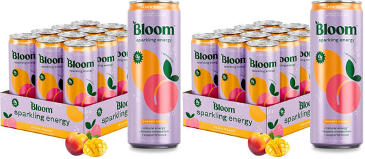 Bloom Nutrition Sparkling Energy Drink for Focus, Natural Caffeine, Zero Sugar, 180mg Caffeine, Antioxidant-Rich with Green Coffee Bean, Green Tea Extract, & Prebiotics, Peach Mango 12oz 24 Pack