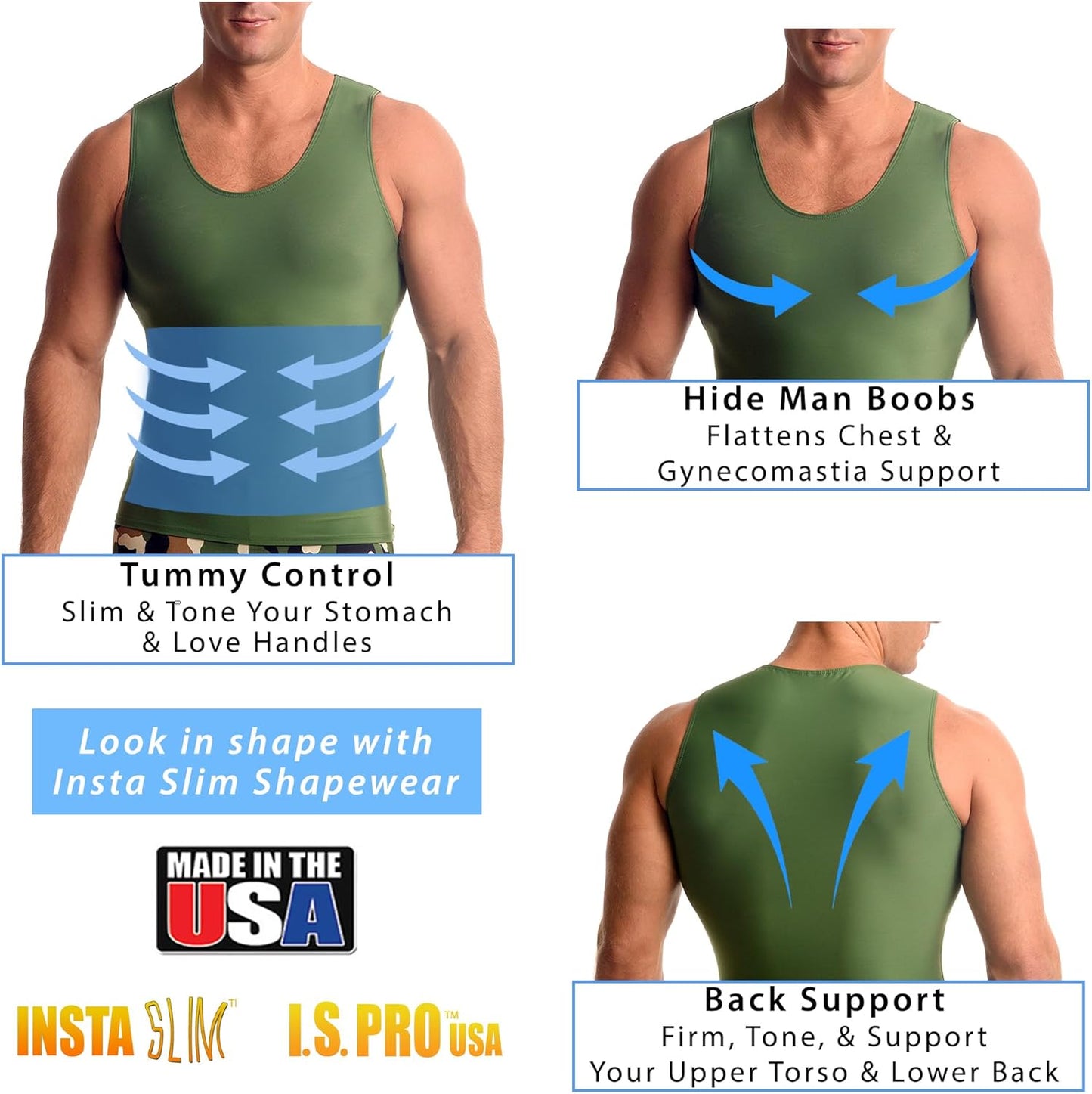 Insta Slim -Made in USA- Compression Tank-Top Shapewear for Men. Tummy Control Slimming Body-Shaper for Belly & Back Support