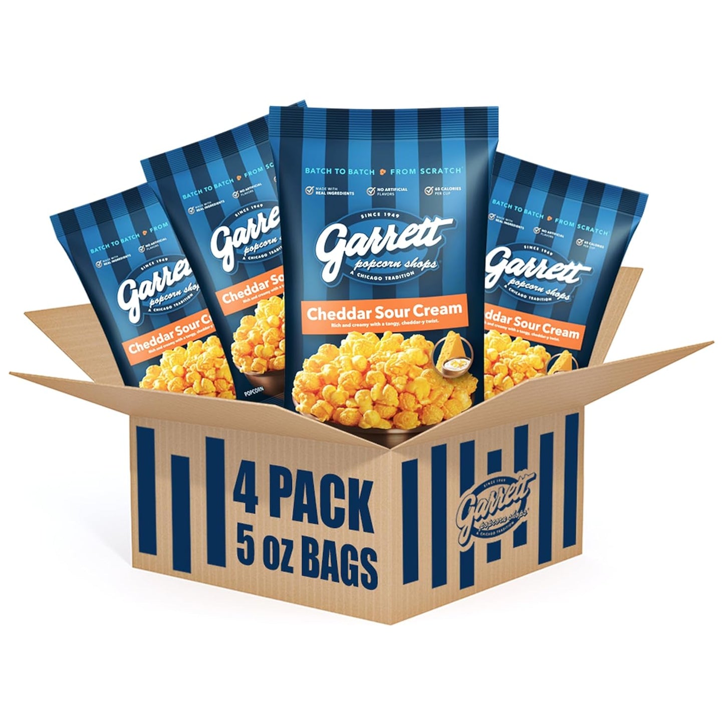 Garrett Popcorn Cheddar Sour Cream, 5.0oz, 4 Bags, Cheesy Popcorn, Gluten Free, Savory Snack, Popped Pop Corn Bags