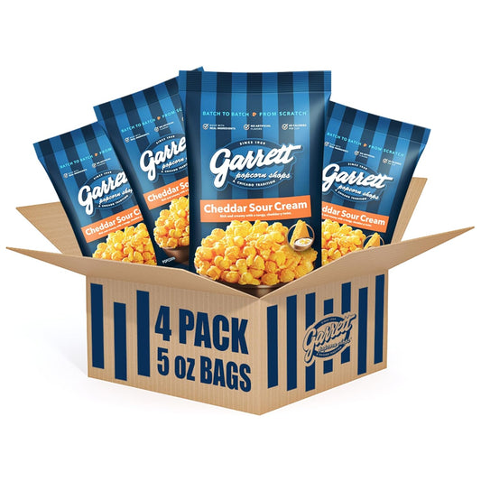 Garrett Popcorn Cheddar Sour Cream, 5.0oz, 4 Bags, Cheesy Popcorn, Gluten Free, Savory Snack, Popped Pop Corn Bags