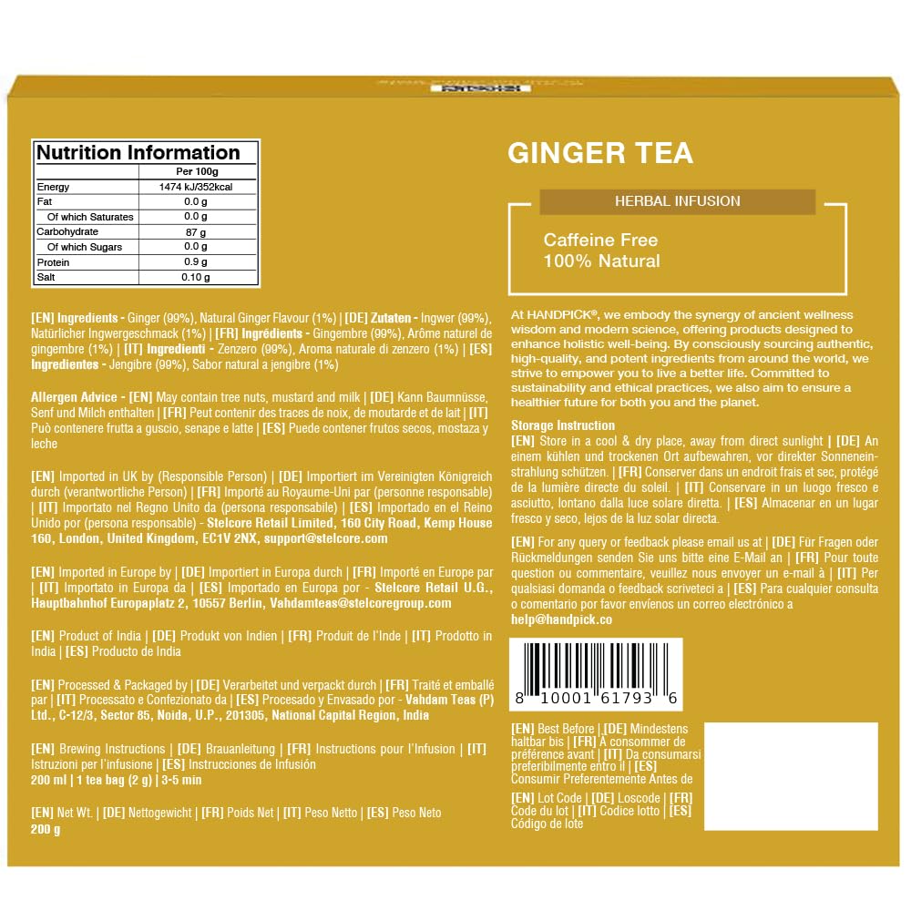 HANDPICK, Ginger Tea Bags, Caffeine Free & 100% Pure Ginger Root | Soothing & Spicy Blend | Round Eco Conscious Teabags
