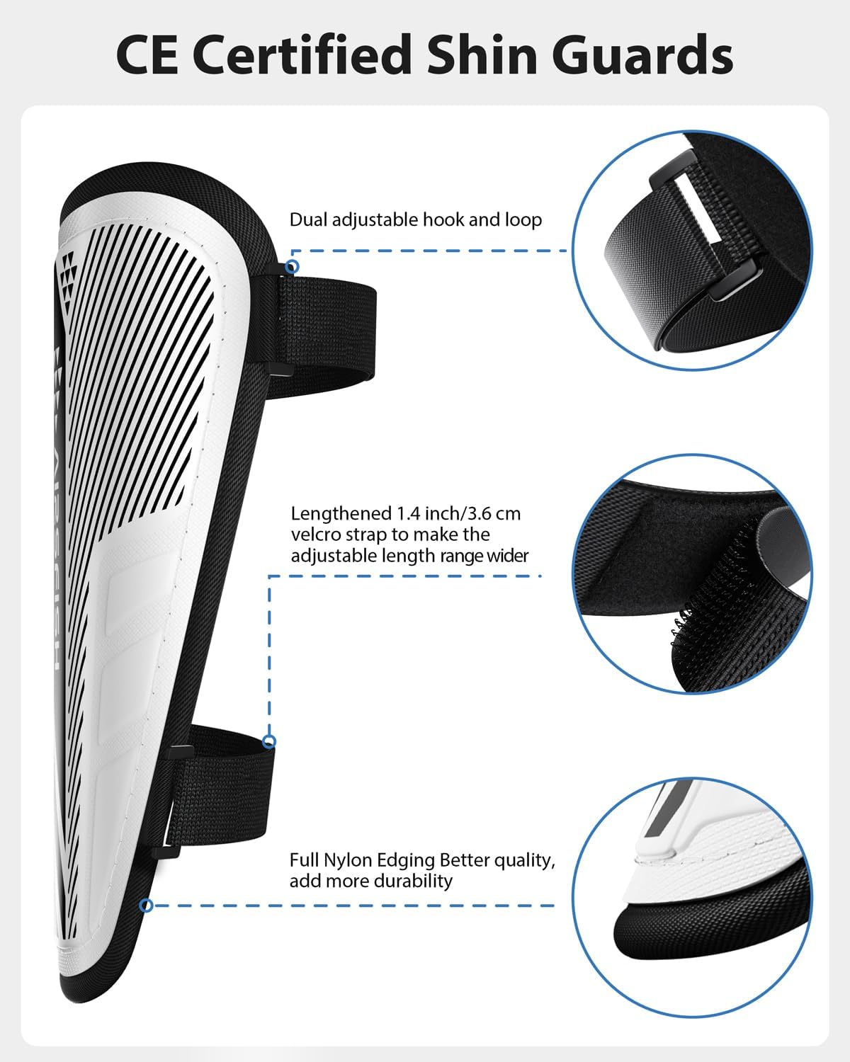 Shin Guards Soccer Kids Youth, CE Certified Airsfish Shin Guard Protection Gear for 2-18 Years Old Boys Girls Teenagers High Impact Resistant Breathable Comfortable 1 Pair 4 Sizes