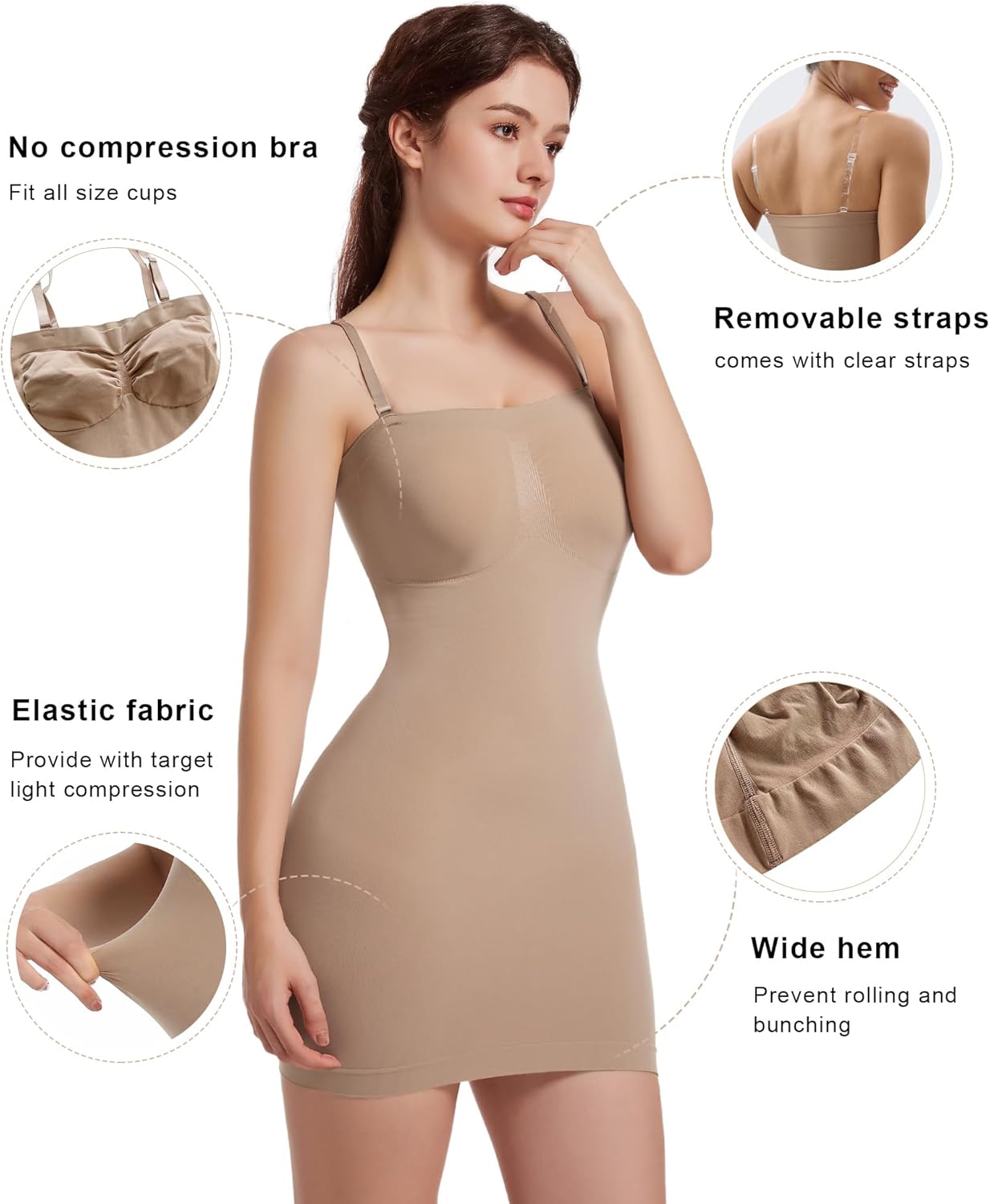 SHAPERX Strapless Shapewear Dress for Women Tummy Control Seamless Full Body Shaper Slip with Removable Straps
