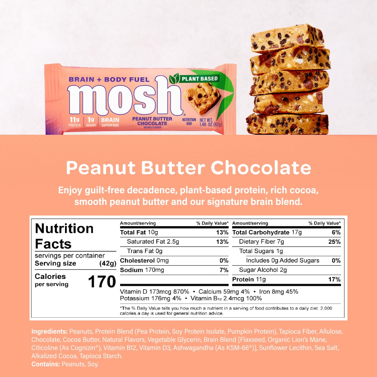 MOSH Peanut Butter Chocolate Plant Based Keto Protein Bars, High Protein, Gluten Free, Brain Healthy Snack with Ashwagandha, and Lion's Mane, 12 Count