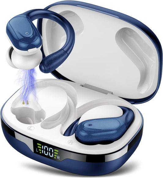 Ear buds Wireless Earbuds Bluetooth 5.3 Headphones 60hrs Playtime with Digital Display Sports Wireless Headphones with Earhook Deep Bass IPX7 Waterproof Over-Ear Earbuds for Android iOS Workout Blue