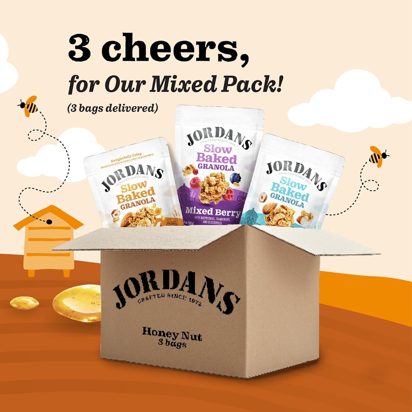 Jordans Slow Baked Granola | Variety Pack | Mixed Berry, Honey Nut, Four Nut | No Artificial Flavors, Colors, or Preservatives | Better for You Snacks for Adults & Kids | 11.4 oz (3 Pack)