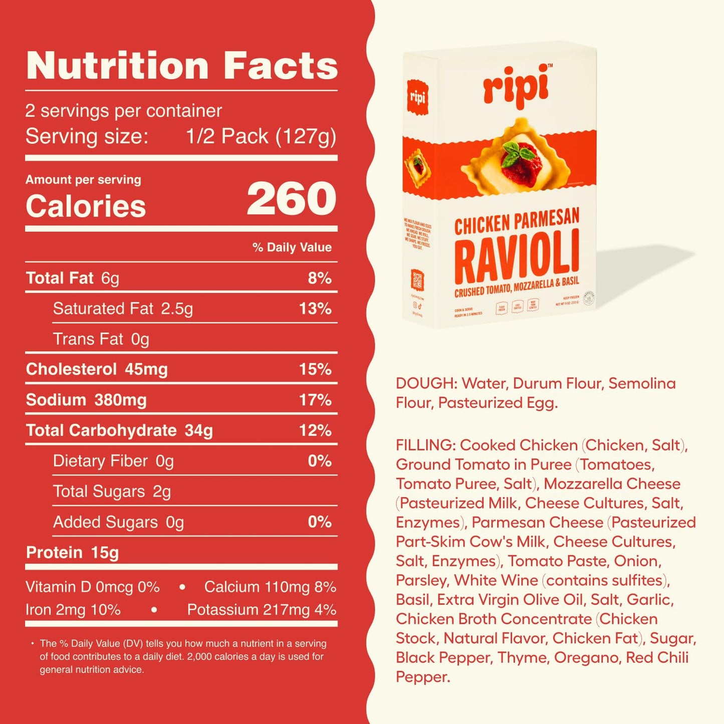 Ripi Chicken Parmesan Ravioli - Crushed Tomatoes, Mozzarella & Basil - Frozen Pasta Meal - Ready in Under 5 Minutes, 9oz packs (6 Pack, Chicken Parmesan)