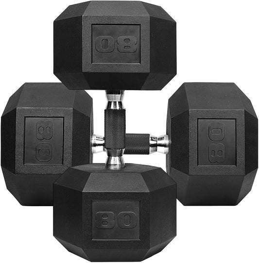 WF Athletic Supply Rubber Encased Hex Dumbbells with Rubber Grip Contoured Handle for Muscle Toning, Strength Building & Full Body Workout