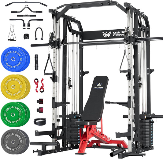 Major Fitness Drone2 Advanced Training Smith Machines– All-in-One Home Gym Squat Rack with Aluminum Pulley Set , Weight Bar, Dual LAT Pull-Down Systems & Cable Crossover Machine for Full-Body Workouts