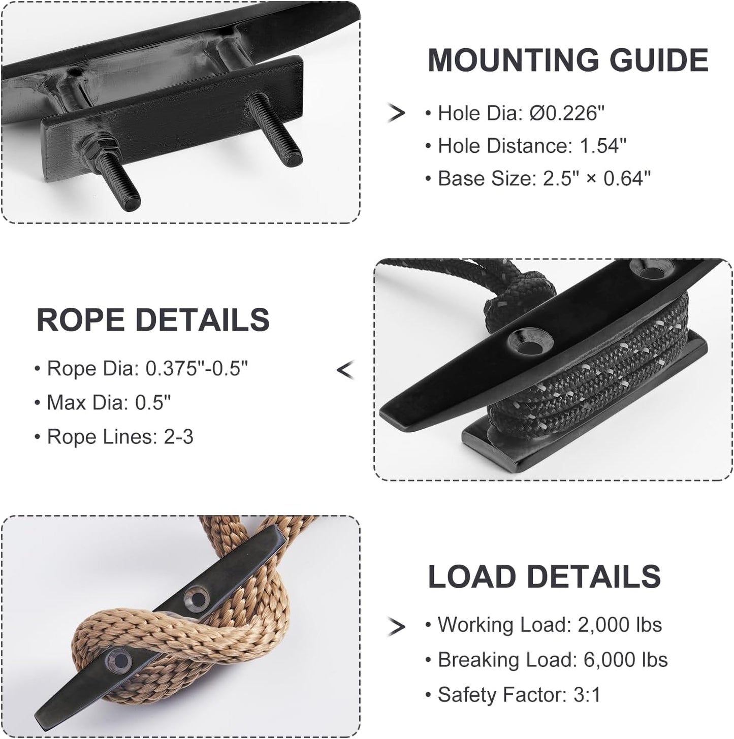 Boat Dock Cleat, 316 Marine Grade Stainless Steel Open Base Cleats with Hardware, Heavy Duty Mooring Accessories for Yacht Kayak Jetski (2-Pack)