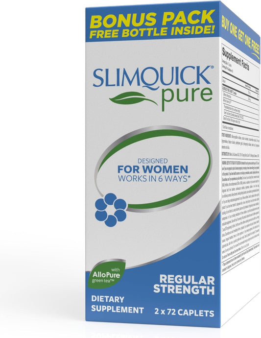 Slimquick Pure 3x Regular Strength Pills for Women to Help Achieve Weight Goals, Helps Metabolism, Lose Excess Water, Keeps Full for Longer with AlloPure Green Tea, Caffine, Caste Tree - 2x72 Capsules