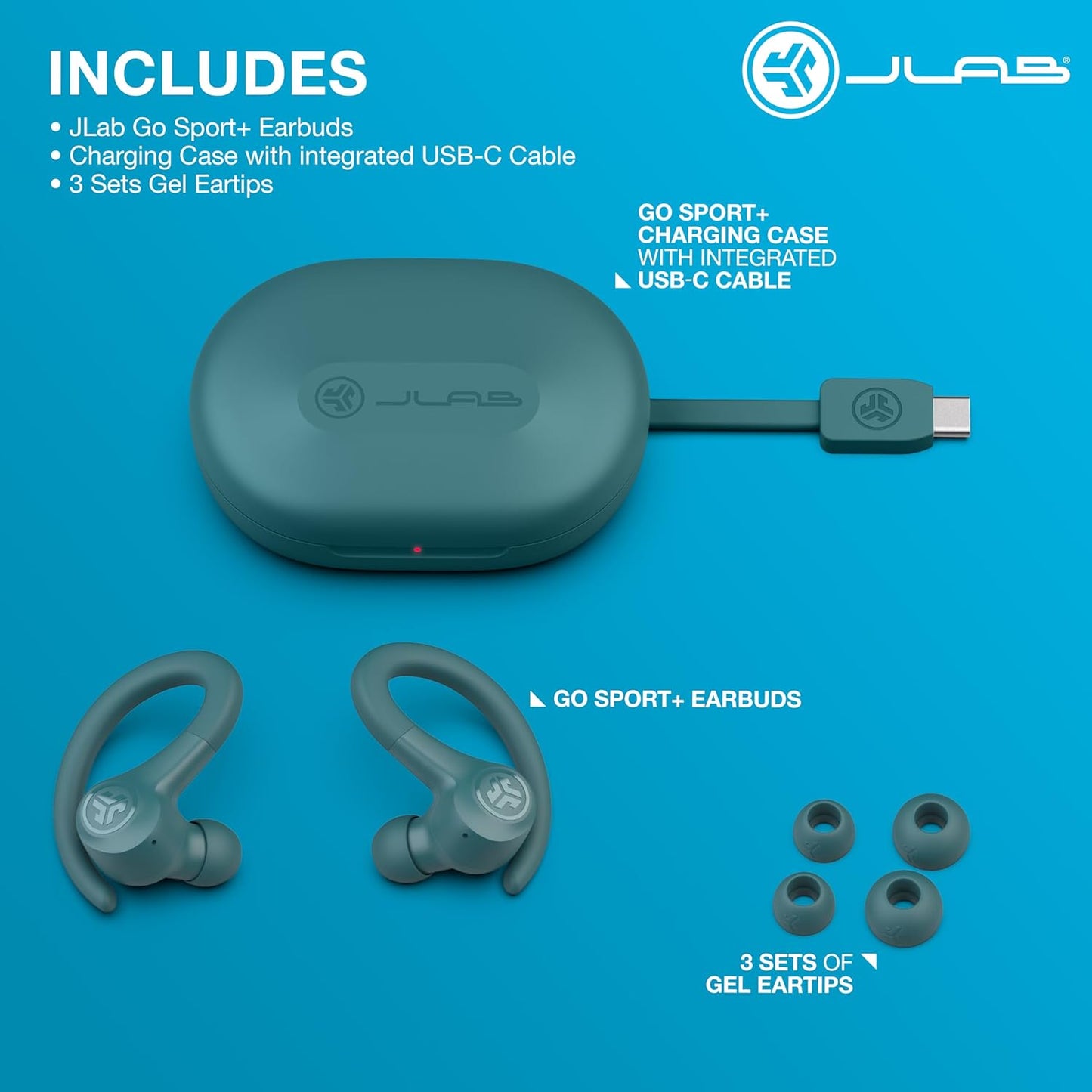 JLab Go Sport+ Wireless Workout Earbuds Featuring C3 Clear Calling, Secure Earhook Sport Design, 35+ Hour Bluetooth Playtime, and 3 EQ Sound Settings (Teal)