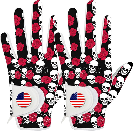 FINGER TEN Golf Gloves Men Right Handed Golfer Left Hand with Ball Marker 2 Pack Leather Breathable Comfortable Weathersof Grip Size Small Medium ML Large XL