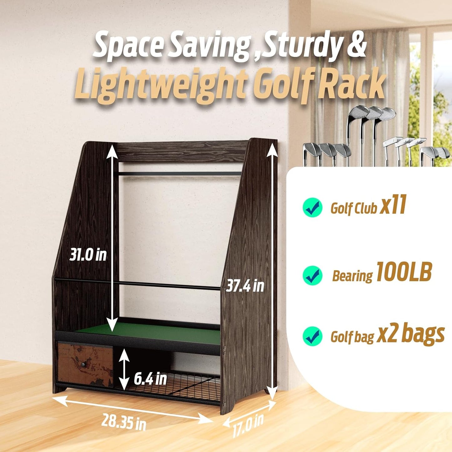 Golf Bag Organizer Storage for 2 Bags with Drawer – Easy Assemble Golf Club Stand Ideal for Garage, Clubs and Basement