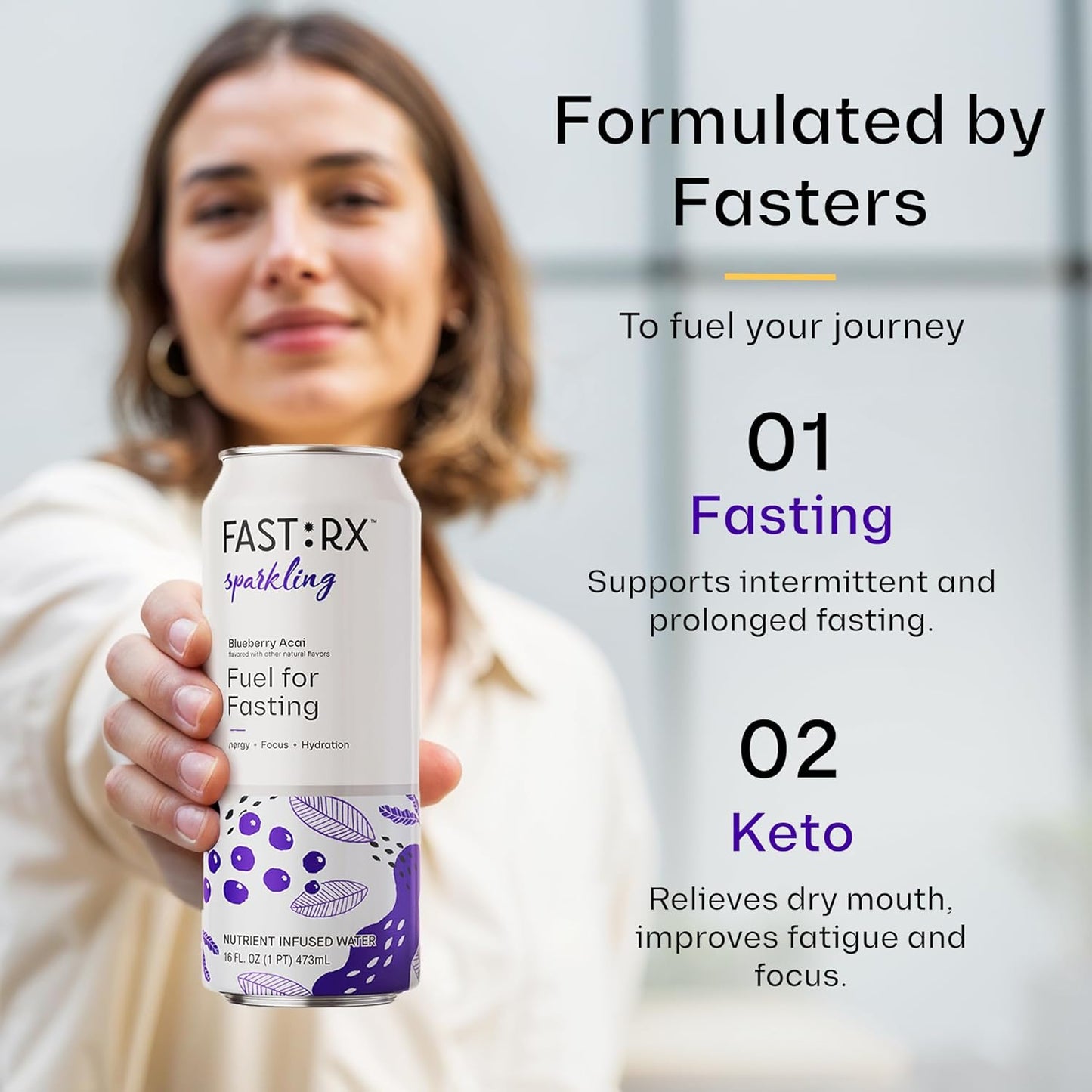 FASTRX Blueberry Acai Sparkling Fasting Electrolyte Drink – Hunger Suppressant, Includes Essential Electrolytes and Vitamins, De-Sugared Lemon Juice – Zero Sugar, 16 Fl Oz, Pack of 12