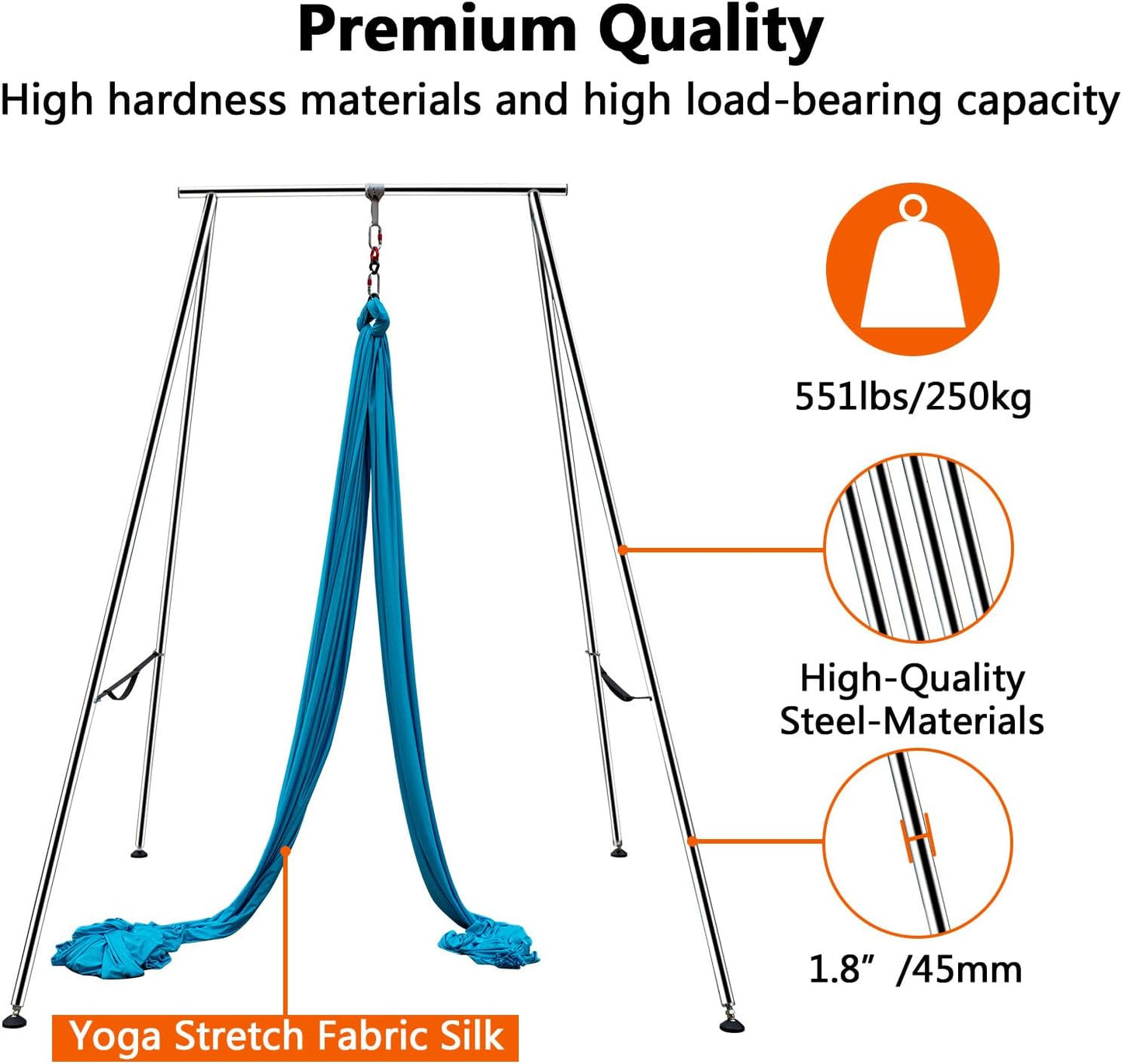 TECSPEC 9.6 FT/115.3 Inch Adjustable Height Aerial Yoga Frame & Hammock, Professional Swing Stand with 18 FT/33FT Aerial Silk, 550lbs Max Capacity