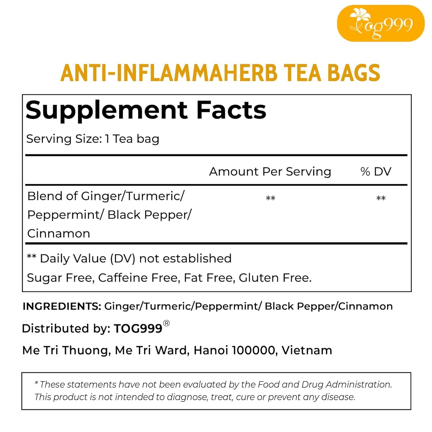60 Tea Bags - Anti-Inflammaheb Loose Leaf Tea, 100% Natural from Ginger, Turmeric, Peppermint, Black Pepper, Cinnamon. Made with Natural Material Tea Bags. No Sugar, No Caffeine, No Gluten, Vegan. (60 Tea Bags)