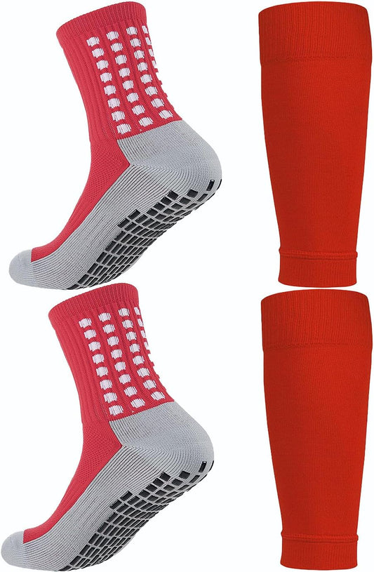 KMOLY 1 Set Soccer Grip Socks,Shin Guard Sleeves for Football Basketball for Men and Women Black/White One Size