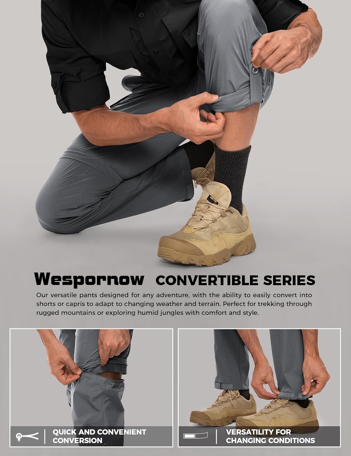 Wespornow Men's-Convertible-Hiking-Pants Quick Dry Lightweight Zip Off Breathable Cargo Pants for Outdoor, Fishing, Safari