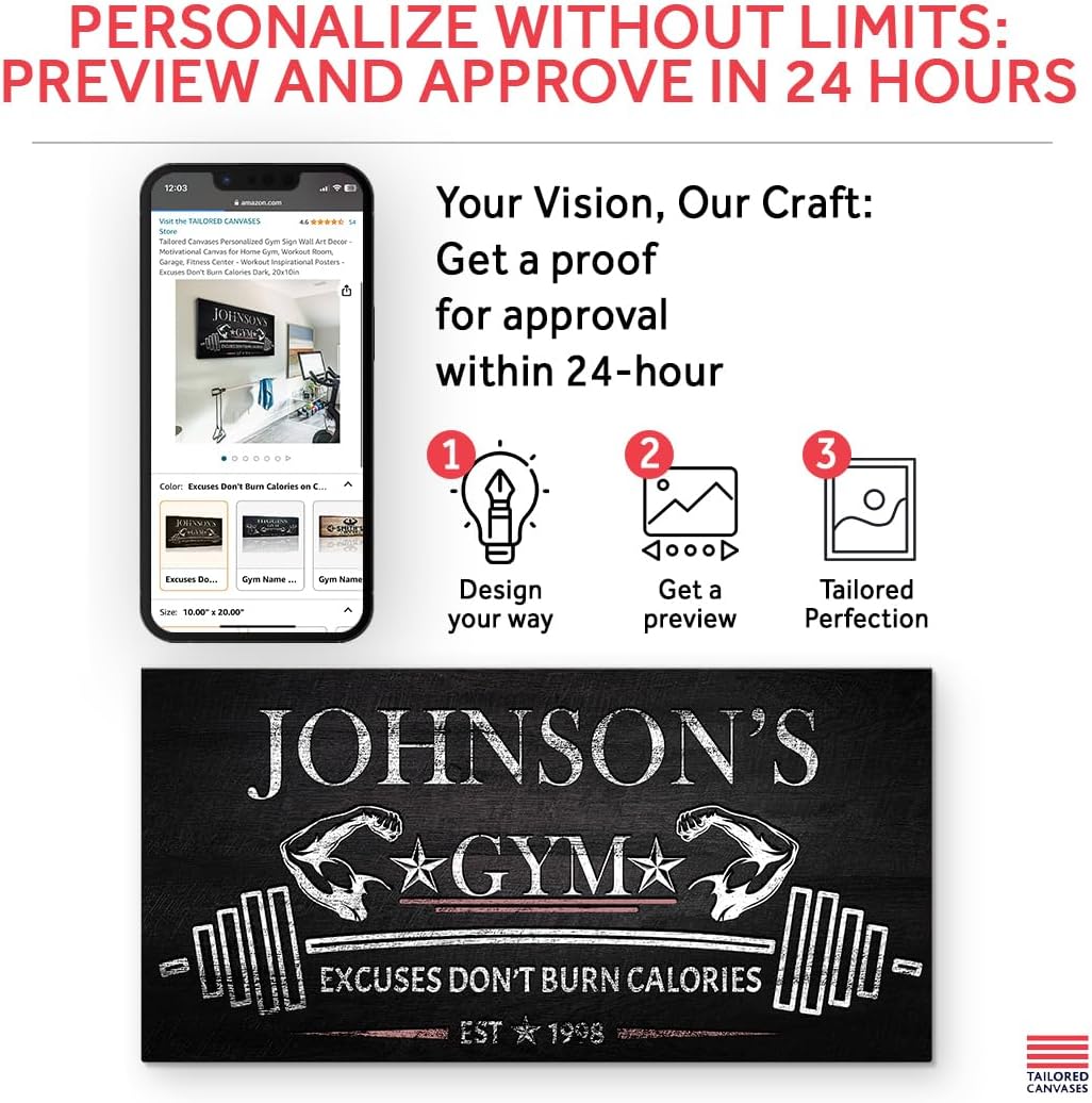 Tailored Canvases Personalized Gym Sign Wall Art Decor - Motivational Canvas for Home Gym, Workout Room, Garage, Fitness Center - Workout Inspirational Posters - Excuses Don't Burn Calories Dark, 48x24in