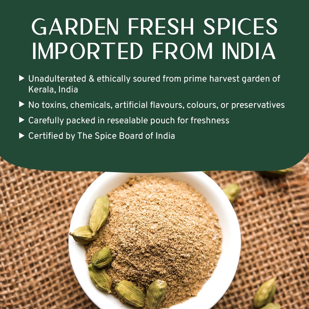 Cardamom Powder (100g/3.53oz) Gluten Free, Raw Ground Elaichi for Cooking, Smoothies, Lattes, Masala Tea, Packed in Resealable Zip Lock Pouch