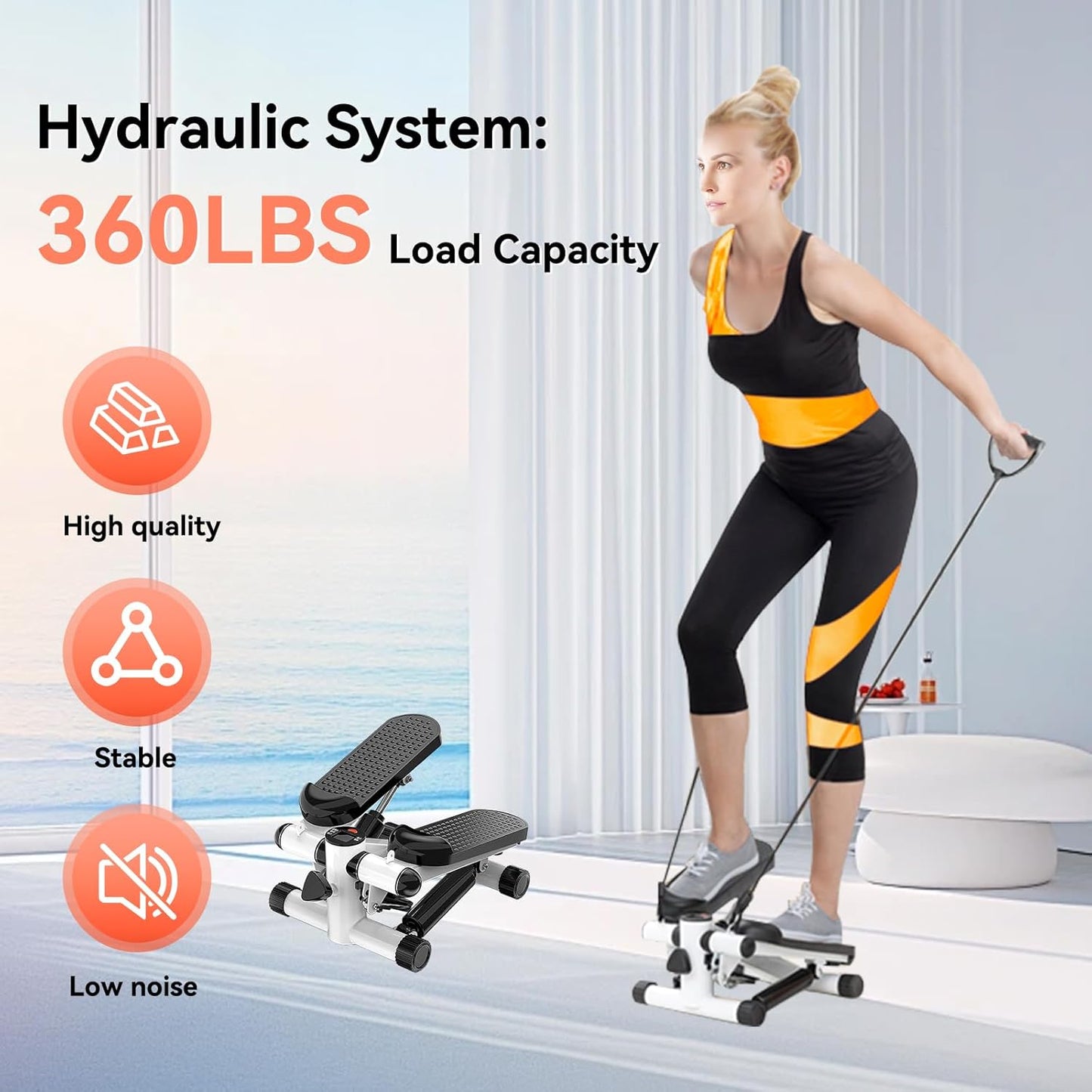 Steppers for Exercise at Home, Mini Stepper with Resistance Bands, 360LBS Capacity Portable Stair Stepper for Home, Hydraulic Fitness Stair Stepper with LCD Monitor