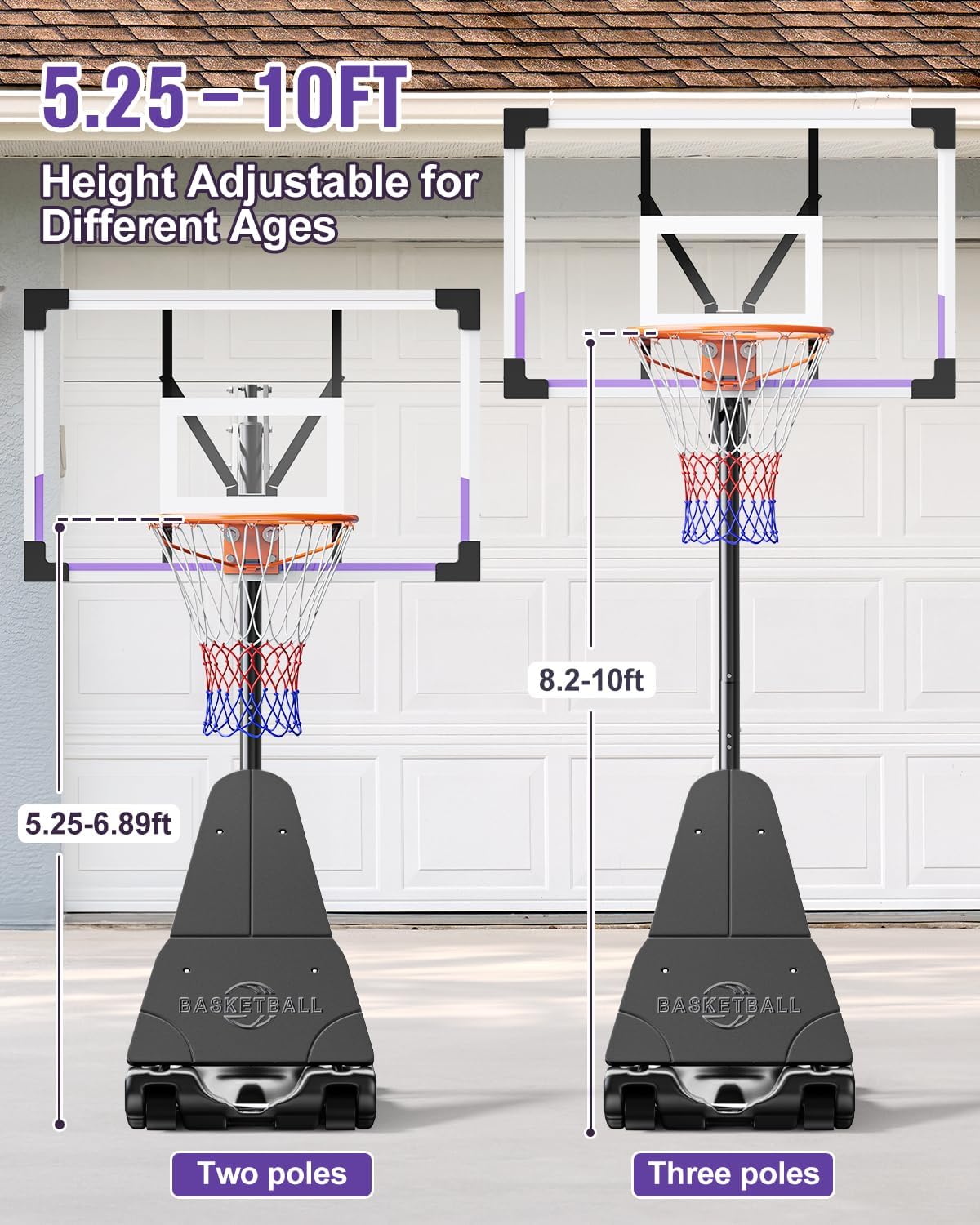 TONBUX Basketball Hoop Outdoor 44/48 Inch Shatterproof PC Backboard, 5.25-10FT Stepless Adjustable Height, Portable Basketball Hoop for Kids/Teens/Adults in Backyard, Driveway and Indoor