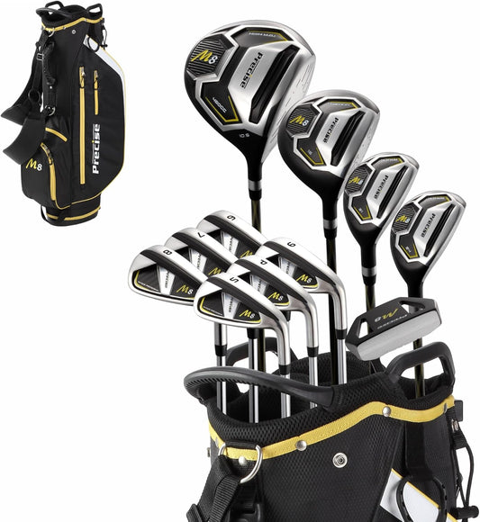 Precise M8 Men’s Golf Clubs Set – Complete 17-Piece Right-Handed Set with Driver, Fairway Wood, Hybrids, Irons (6-SW), Putter, Stand Bag & Headcovers – Kevlar Graphite Shafts – Regular/Tall Sizes