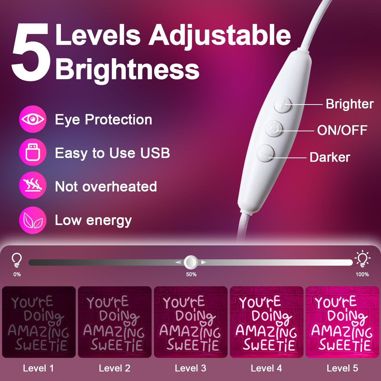 You're Doing Amazing Sweetie Neon Sign,Pink Led Neon Signs for Wall Decor,Dimmable Inspirational Letter Neon Lights USB Amazing Light Up Signs for Bedroom Classroom Party,Gift for Boys Girls