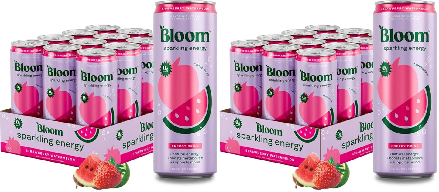 Bloom Nutrition Sparkling Energy Drink - Natural Caffeine, Zero Sugar, 180mg Caffeine - Antioxidant-Rich with Green Coffee Bean, Green Tea Extract, Prebiotics - Strawberry Watermelon - 12oz 24 Pack