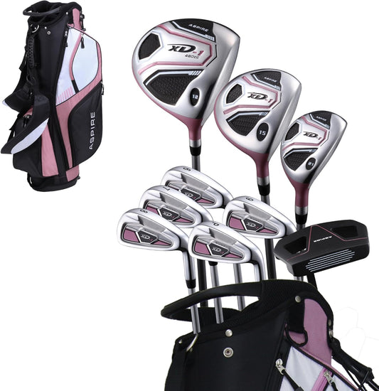 Aspire XD1 Womens Golf Clubs Full Set, Includes Driver, Fairway, Hybrid, 6-PW Irons, Putter, Stand Bag, 3 H/C's, Ultra-Light Graphite Shafts, Golf Clubs Women Right Handed, Comes in 3 Sizes, Pink