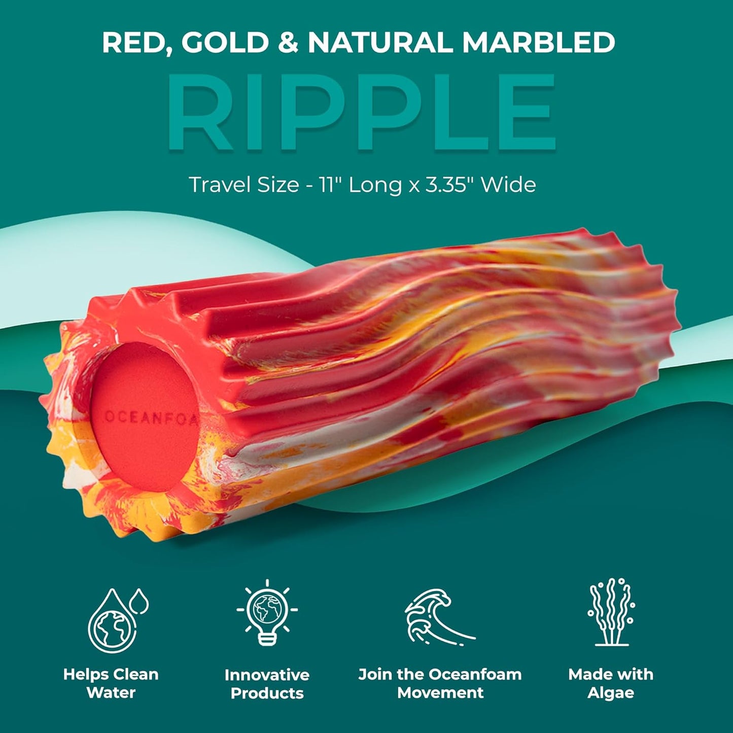 Oceanfoam Ripple Travel Foam Roller (11" x 3.35") Firm Mini Foam Roller for Physical Therapy, Deep Tissue Massage, Back Pain - High Density, Wave Textured, Yoga, Exercise (Red, Gold & Natural Marbled)