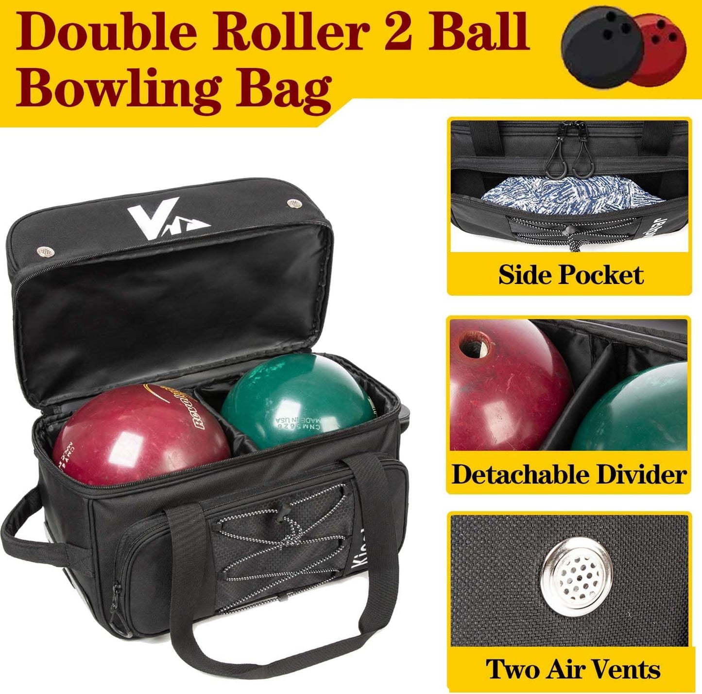 Double Roller 2 Ball Bowling Bag with Large Separate Shoe Compartment and Oversized Accessory Pocket, 36" Extendable Handle.