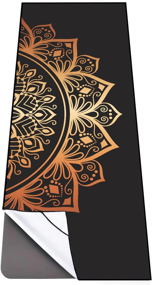 QiyI Yoga Mat Towel with Corner Pockets, Non Slip Sweat Absorbent Hot Yoga Towels, Soft Yoga Blankets with Travel Bag, Skidless Mat Cover for Workout, Gym, Fitness - 70"x26", Luxury Golden Mandala