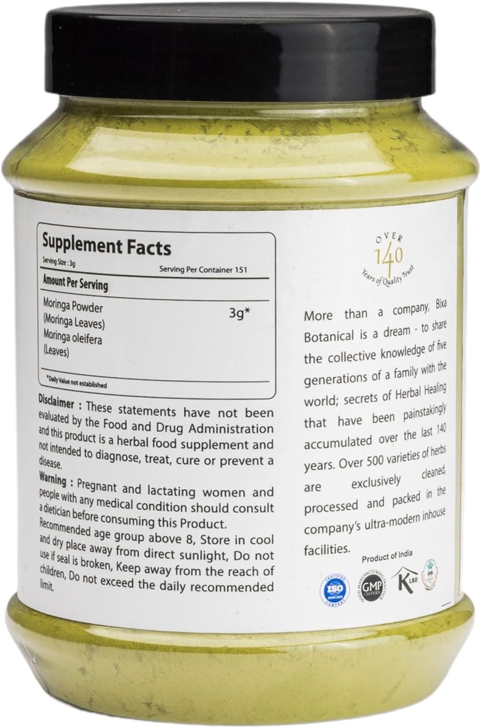 bixa BOTANICAL Moringa Powder (Organic Moringa Oleifera - 100% Pure Moringa Leaf/Drum Stick Shigru) | Perfect for Drinks, Tea,Smoothies & Recipes - 16Oz