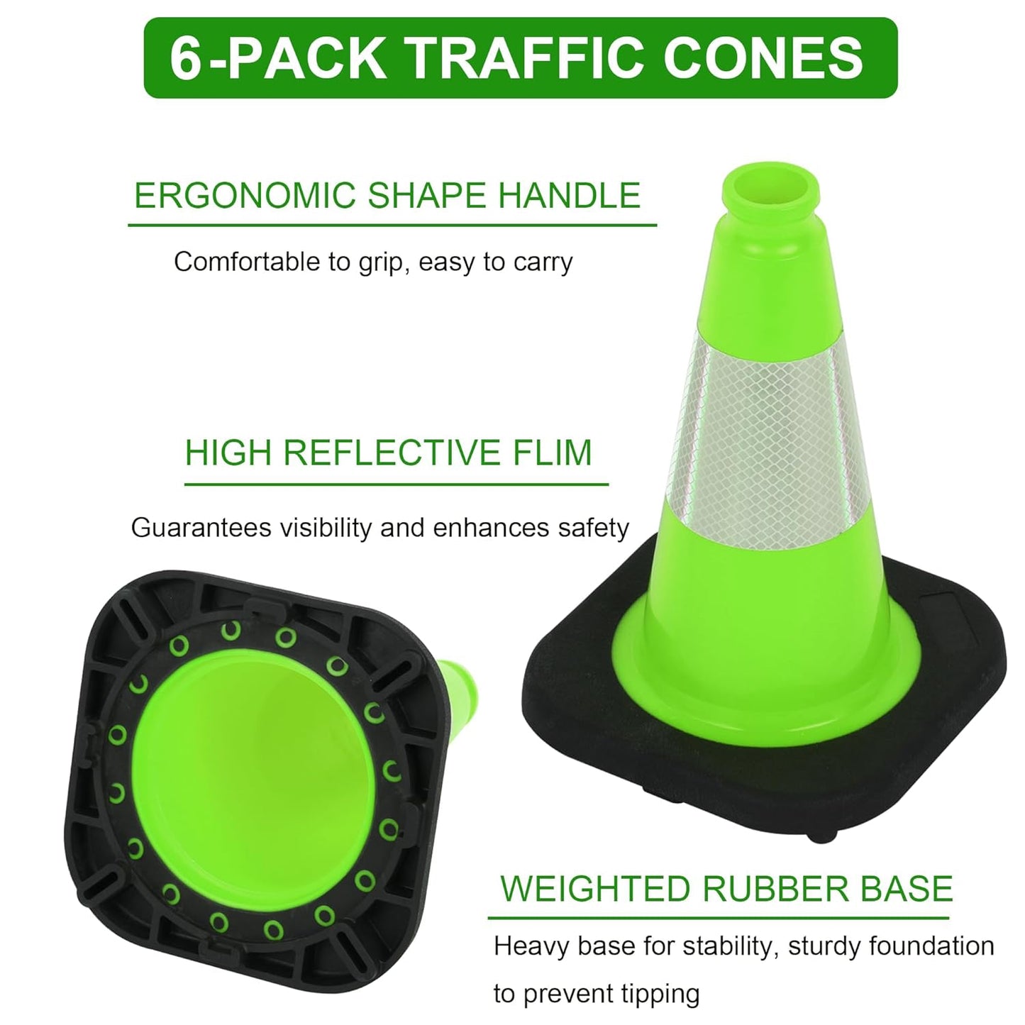 OrangeStar 12" Traffic Cones 6-Pack, Green Safety Cones with Reflective Collar & Heavy Duty Base for Driving Practice, Parking Lots, Roadwork, Construction, Indoor & Outdoor Use
