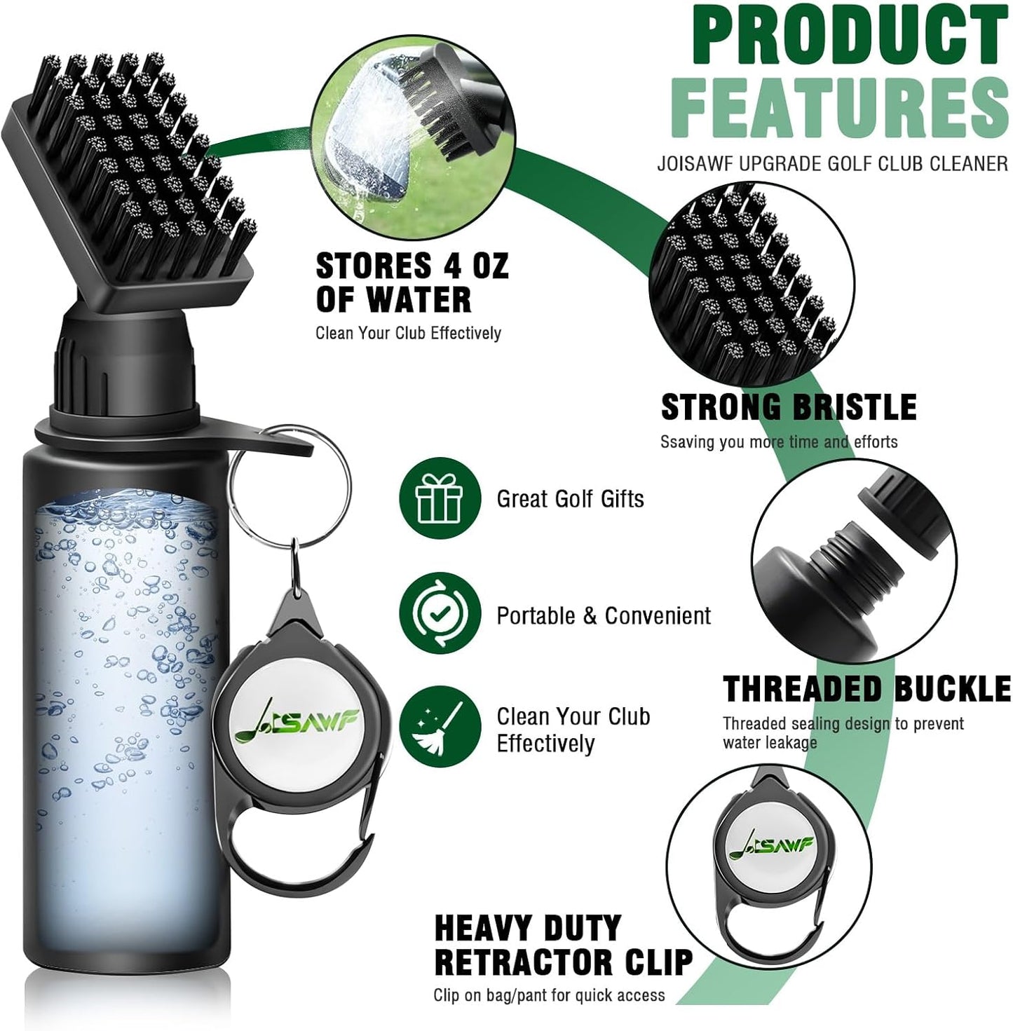 JOISAWF Golf Club Cleaner Brush with Water - 7.5” Pro Golf Groove Cleaner, Leak-Proof Design, 4 Oz Water Bottle & Retainer Clip - Essential Golf Accessories for Men & Women