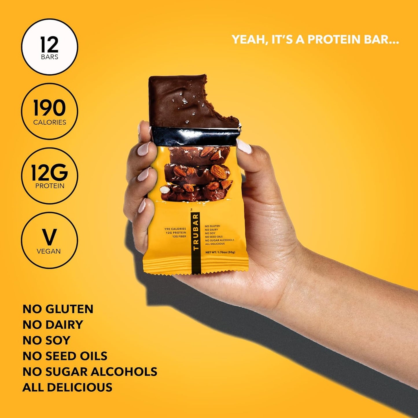 TRUBAR Vegan Protein Bar, Saltylicious Almond Love, Gluten Free, Plant Based, High Fiber, Dairy Free, Low Fat, Non GMO, No Sugar Alcohols, 12G Lean Protein, 13G Fiber, Healthy Snack Bars, 12 CT