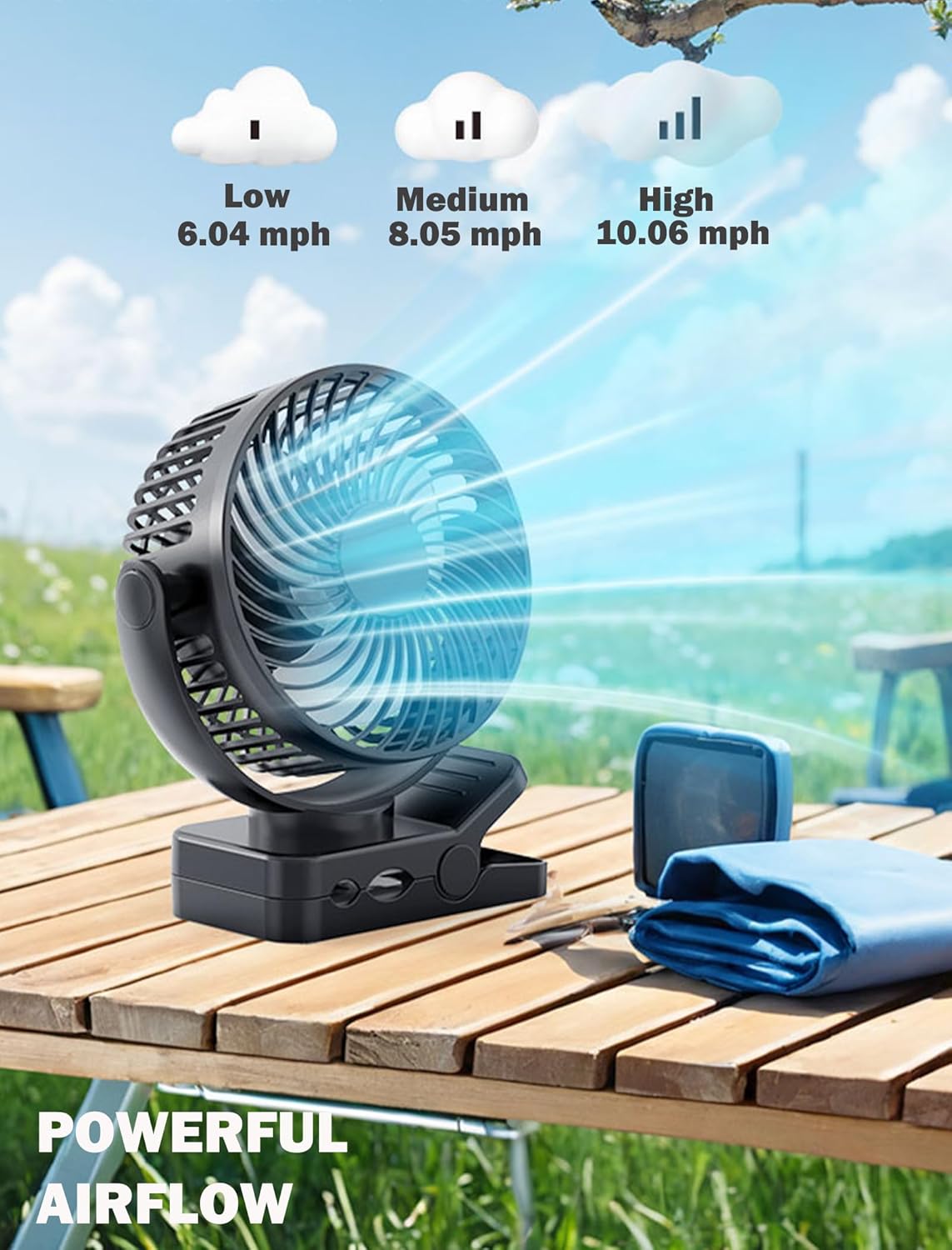 2-Pack Magnetic Clip on Fan for Golf Cart, 12000mAH Battery Operated Portable Fan with 3 Speeds, LED Lantern, Magnetic Base, Suitable for EZGO Club Car Yamaha, Golf Cart & Cruise Ship Accessories